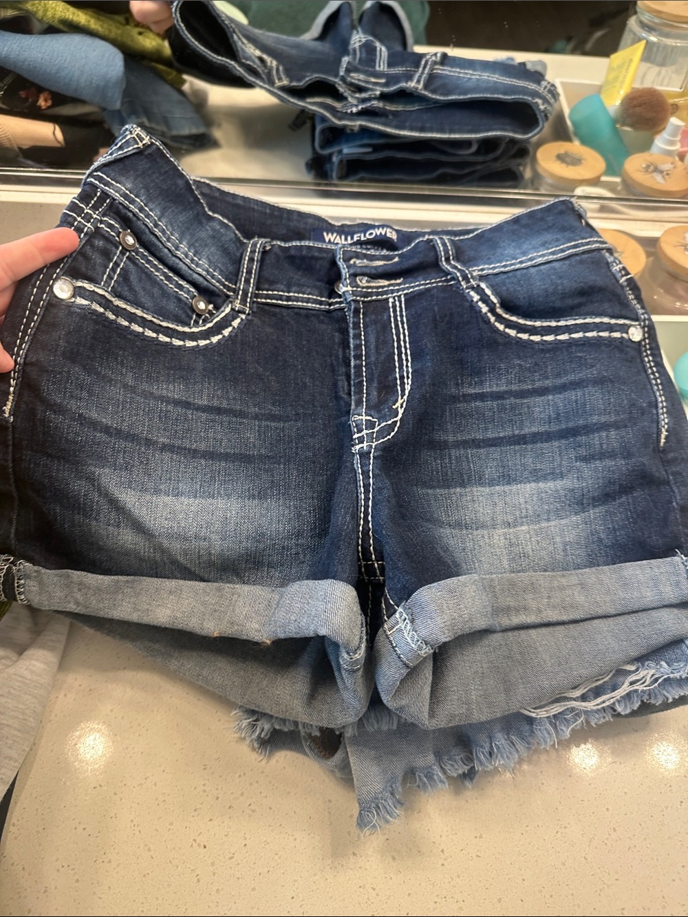 Wildflowers Dark Blue Boot Cut Denim Shorts with White Contrast Stitching